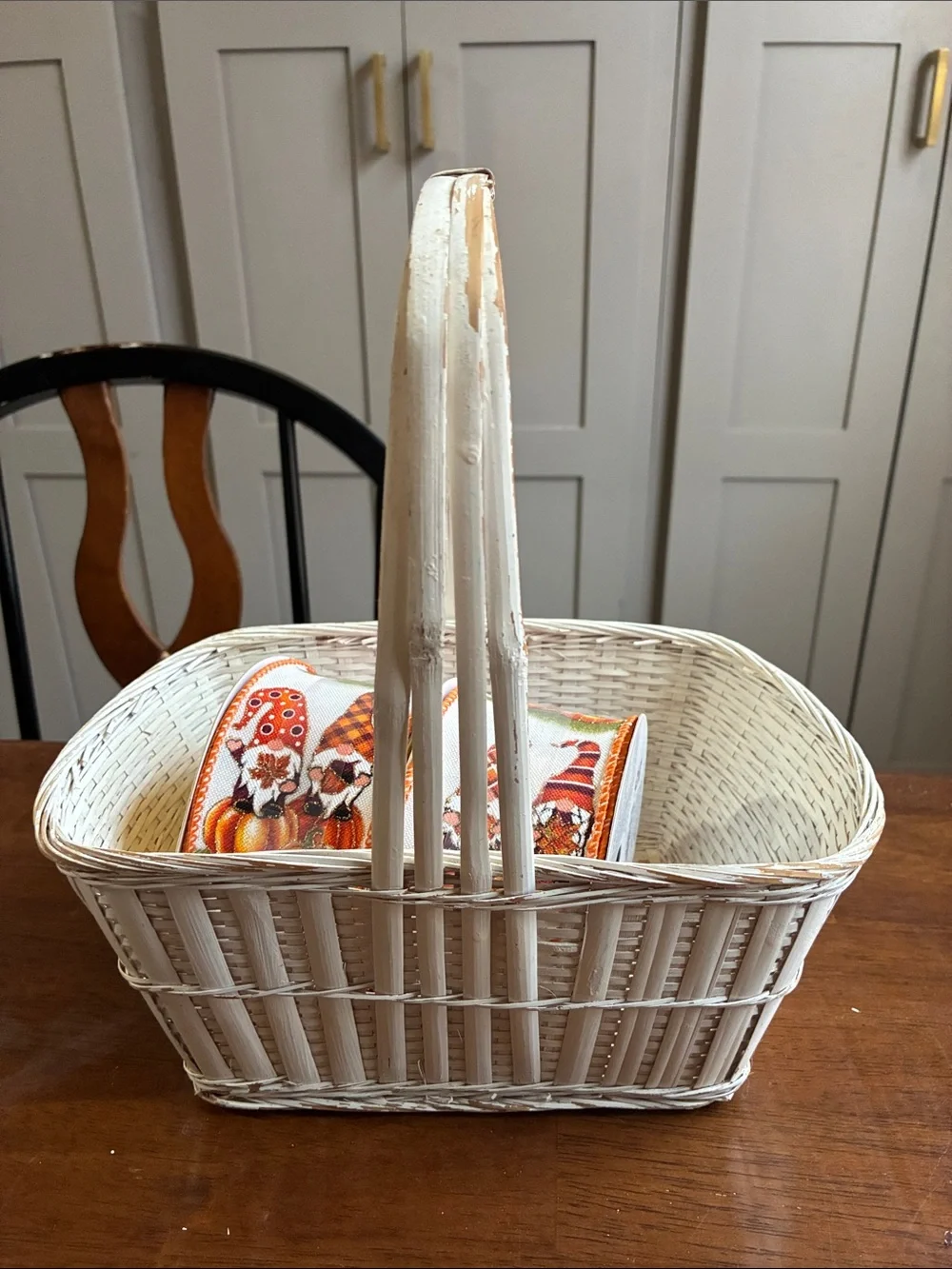 White Wicker Basket with Orange Autumn Gnome Ribbon